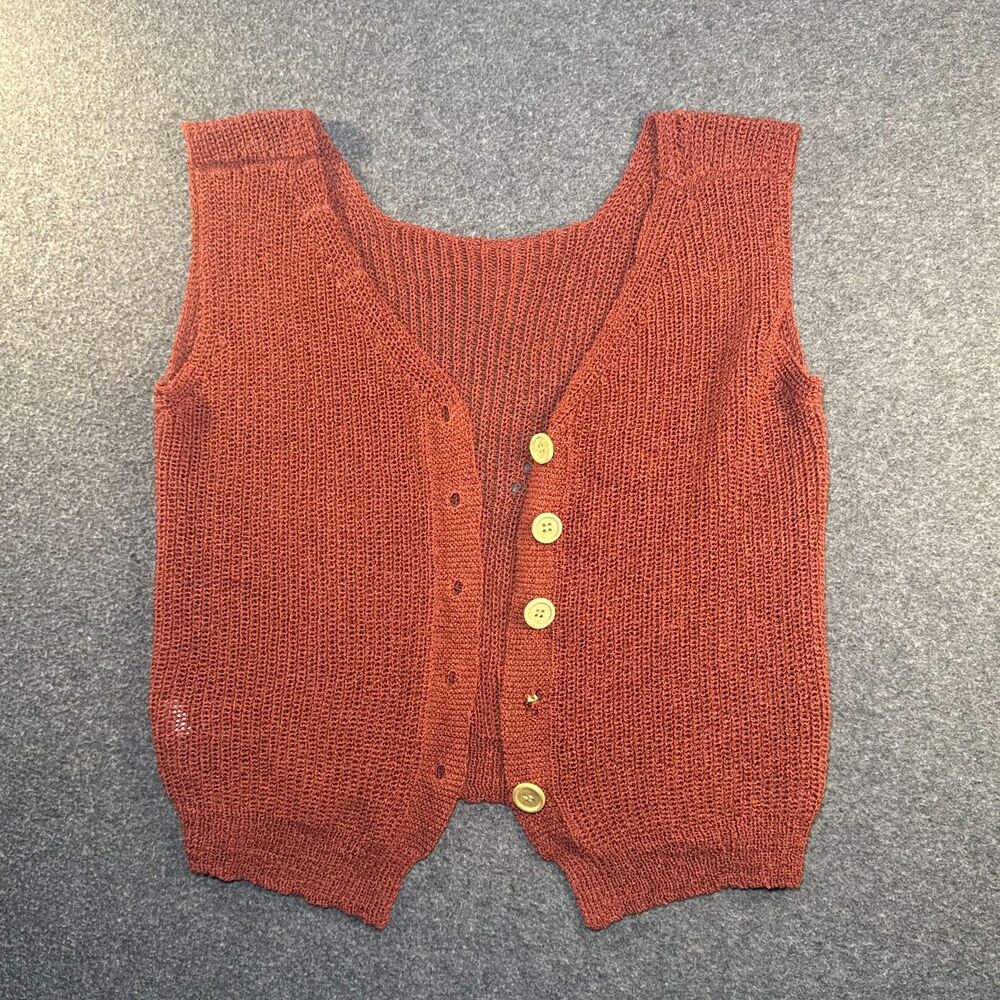 Sweet Rain Rust Brown Sheer Open Knit Button Front Sweater Vest Top Large L